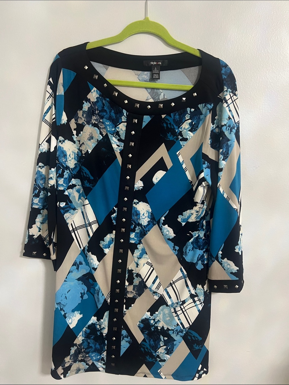 Style & Co. Blue Black Cream Geometric Floral Stud-Trim Tunic Dress